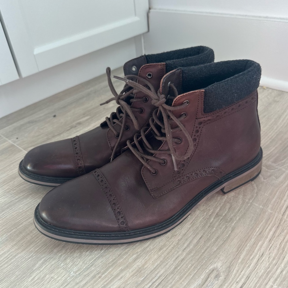 Express brown leather cap toe oxford ankle boots with wool trim